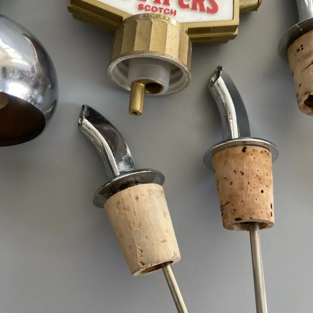 8 Vintage Mid-Century Modern Drink Liquor Bottle Shot Pourers Spouts Chrome Ads
